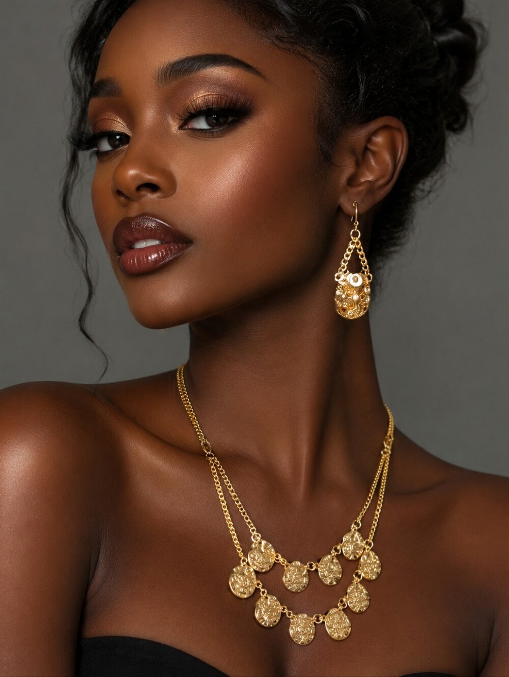 Bold elements Gold Tone Hammered Pendant Layered Necklace & Earrings‎